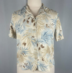 Alfred Dunner Casual Top Plus Size 16W Cream Blue Palm Leaf Cropped Boho Linen